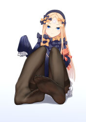 Rule 34 | 1girl, abigail williams (fate), absurdres, bandaid, bandaid on face, bandaid on forehead, black bow, black dress, black headwear, black pantyhose, blonde hair, bloomers, blue eyes, blush, bow, c.rabbit, closed mouth, crossed bandaids, dress, fate/grand order, fate (series), feet, forehead, hair bow, highres, holding, holding stuffed toy, legs, long hair, long sleeves, looking at viewer, orange bow, pantyhose, parted bangs, polka dot, polka dot bow, simple background, sitting, sleeves past fingers, sleeves past wrists, soles, solo, stuffed animal, stuffed toy, teddy bear, thighband pantyhose, toes, underwear, white background, white bloomers