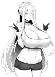 Rule 34 | 1girl, absurdres, ak-12 (girls&#039; frontline), black choker, blunt bangs, blush, braid, breasts, chixiao, choker, cleavage, closed eyes, closed mouth, crop top, french braid, girls&#039; frontline, gloves, greyscale, high ponytail, highres, huge breasts, long hair, monochrome, navel, partially fingerless gloves, short shorts, shorts, smile, sports bra, stomach, thighs, very long hair, white background