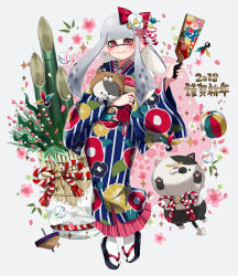 Rule 34 | 1girl, 2018, animal, animal costume, ball, bamboo, basket, chinese zodiac, closed mouth, dog costume, earrings, floral print, flower, full body, grey background, grey hair, hagoita, hair flower, hair ornament, hanetsuki, happy new year, holding, holding animal, inkling, inkling girl, inkling player character, japanese clothes, jewelry, judd (splatoon), kimono, kouhaku nawa, li&#039;l judd (splatoon), long hair, looking at viewer, marble (toy), mimimi (echonolog), mole, mole under mouth, new year, nintendo, paddle, pointy ears, print kimono, red eyes, rope, sandals, shimenawa, smile, solo, spinning top, splatoon (series), splatoon 2, squid, standing, tabi, tentacle hair, white legwear, year of the dog