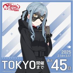 1girl adjusting_hood bang_dream! bang_dream!_it&#039;s_mygo!!!!! belt black_belt black_mask black_ribbon black_robe blue_background blue_hair braid center-flap_bangs closed_mouth commentary_request copyright_name copyright_notice countdown curly_sidelocks diagonal-striped_background expressionless eye_mask gloves hair_ribbon hand_up highres hood hood_down hooded_robe logo long_hair long_sleeves looking_at_viewer oblivionis_(bang_dream!) official_art polka_dot_gloves promotional_art ribbon robe see-through_clothes see-through_gloves sidelocks simple_background solo striped_background togawa_sakiko two_side_up yellow_eyes