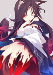 Rule 34 | 1girl, adapted costume, alternate costume, animal ears, arm hair, bare shoulders, blood, blood on hands, blurry, blush, breasts, brooch, brown hair, covered erect nipples, detached sleeves, dress, fangs, finger to mouth, fur, grey background, ichiyan, imaizumi kagerou, jewelry, long hair, long sleeves, looking at viewer, outstretched arm, red eyes, simple background, smile, solo, strapless, strapless dress, tail, touhou, wide sleeves, wolf ears, wolf tail