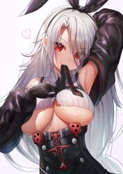 Rule 34 | 1girl, arm up, armpits, azur lane, bare shoulders, black gloves, breasts, cleavage, collared shirt, crop top, detached sleeves, eyes visible through hair, gloves, hair over one eye, hair ribbon, head tilt, heart, highres, large breasts, long hair, long sleeves, looking at viewer, mouth hold, necktie, no bra, prinz heinrich (azur lane), puffy sleeves, red eyes, ribbed shirt, ribbon, shirt, silver hair, simple background, sleeveless, sleeveless shirt, solo, underboob, underbust, upper body, very long hair, west 24, white background, white shirt
