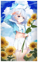 Rule 34 | 1girl, absurdres, arm up, arona (blue archive), blue archive, blue eyes, blue hair, blue halo, blue shirt, blush, border, bow, braid, chinese commentary, choker, cloud, commentary request, cropped shirt, feet out of frame, flower, hair ribbon, halo, heart, heart-shaped pupils, highres, holding, holding flower, light blue hair, long sleeves, midriff, miniskirt, navel, outdoors, parted lips, pink pupils, pleated skirt, puffy long sleeves, puffy sleeves, ribbon, sailor collar, sailor shirt, school uniform, serafuku, shirt, shirt bow, short hair, side braid, single braid, skirt, sky, solo, sunflower, symbol-shaped pupils, white border, white bow, white choker, white ribbon, white sailor collar, white skirt, xiamu xunxi