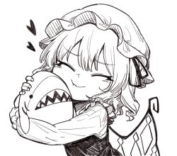 Rule 34 | 1girl, :t, closed eyes, closed mouth, crystal, cuddling, flandre scarlet, frills, greyscale, hat, heart, highres, holding, holding stuffed toy, ikea shark, long sleeves, medium hair, mob cap, monochrome, oninamako, shirt, simple background, smile, solo, stuffed animal, stuffed shark, stuffed toy, touhou, upper body, vest, white background, wings