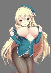 Rule 34 | 10s, 1girl, atago (kancolle), black pantyhose, blonde hair, blush, breasts, hair ribbon, hat, highres, kantai collection, large breasts, long hair, looking at viewer, nipples, no bra, open clothes, panties, panties under pantyhose, pantyhose, parted lips, ribbon, simple background, solo, underwear, very long hair, zheyi parker