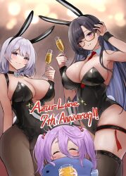 1girl 3girls alcohol animal_ears anniversary apron azur_lane backless_leotard bare_back between_breasts black_gloves black_hair black_leotard black_thighhighs black_wrist_cuffs blush breasts champagne cup drinking_glass dupleix_(azur_lane) fake_animal_ears flasher_(azur_lane) flasher_(tearjerking_service)_(azur_lane) glasses gloves hair_between_eyes highres juice large_breasts leotard long_hair long_sleeves looking_at_viewer maid maid_headdress mole mole_under_mouth multiple_girls necktie necktie_between_breasts official_alternate_costume pantyhose playboy_bunny purple_eyes purple_hair rabbit_ears rabbit_tail san_jacinto_(azur_lane) san_jacinto_(flavor_of_the_day)_(azur_lane) short_hair sleeveless_leotard smile soul_(dp11) strapless strapless_leotard stuffed_animal stuffed_fish stuffed_toy tail thighhighs twintails undersized_breast_cup wrist_cuffs