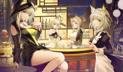 Rule 34 | 4girls, :o, absurdres, alternate costume, animal ear fluff, animal ears, apron, arknights, bar (place), bare legs, bare shoulders, black choker, black dress, black jacket, black ribbon, blaze (arknights), bottle, bow, bowtie, breasts, cake, cat ears, choker, cleavage, closed mouth, cup, detached sleeves, dress, drinking glass, ears through headwear, enmaided, female focus, figure, food, forehead, green dress, green eyes, green nails, hair ribbon, hand on own chest, highres, holding, holding cup, huge filesize, indoors, jacket, jiusan naitang, juliet sleeves, kal&#039;tsit (arknights), long sleeves, low ponytail, maid, maid headdress, medium breasts, multiple girls, multiple persona, nail polish, official alternate costume, open clothes, open jacket, open mouth, puffy sleeves, revealing clothes, ribbon, rma70-12 (arknights), see-through, shirt, sitting, smile, table, white apron, white jacket, white shirt