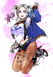 Rule 34 | 1girl, animification, bad id, bad pixiv id, baseball bat, batman (series), belt, blonde hair, blue eyes, blue hair, boots, breasts, clothes writing, colored tips, dc comics, dccu, facial tattoo, female focus, fingerless gloves, gloves, gradient hair, gun, handgun, harley quinn, high heel boots, high heels, holster, imai (jg290315), jacket, jumping, large breasts, legs together, lipstick, long hair, makeup, matching hair/eyes, multicolored hair, nail polish, pale skin, pantyhose, pink hair, pistol, purple eyes, shoulder holster, single glove, solo, suicide squad, tattoo, twintails, weapon