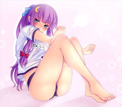 Rule 34 | 1girl, alternate costume, ass, bare legs, barefoot, blush, bow, buruma, crescent, crescent hair ornament, crescent moon, feet, female focus, gym uniform, hair bow, hair ornament, hair ribbon, highres, legs, long hair, moon, patchouli knowledge, ponytail, purple hair, ribbon, shiny skin, sitting, solo, toes, touhou, walzrj