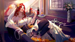 Rule 34 | 1girl, absurdres, alcohol, bathtub, bottle, brown hair, corset, cup, drinking glass, highres, jewelry, league of legends, miss fortune (league of legends), non-web source, thighhighs, wine, wine bottle, wine glass