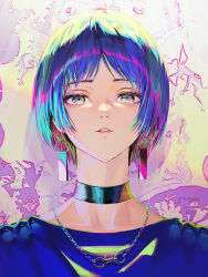 Rule 34 | 1girl, absurdres, black choker, blue hair, choker, collarbone, commentary, earrings, english commentary, highres, jewelry, lips, looking at viewer, multicolored eyes, nababa, necklace, original, parted lips, ponytail, portrait, short hair, solo