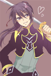 Rule 34 | 00s, 1boy, alternate hairstyle, long hair, male focus, official alternate costume, okmr, over shoulder, ponytail, smile, solo, sword, tales of (series), tales of vesperia, weapon, weapon over shoulder, yuri lowell