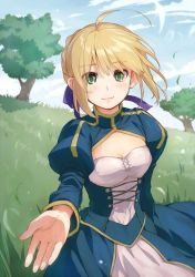 Rule 34 | 1girl, antenna hair, artoria pendragon (all), artoria pendragon (fate), blonde hair, blue dress, blue ribbon, blue sky, blush, braid, breasts, cleavage, closed mouth, cloud, commentary request, corset, day, dress, fate/stay night, fate (series), foreshortening, gauntlets, grass, green eyes, hair over eyes, hair ribbon, kawai makoto, long sleeves, looking at viewer, medium breasts, outdoors, outstretched arm, outstretched hand, puffy sleeves, ribbon, saber (fate), short hair, sky, smile, solo, standing, sunlight, tree