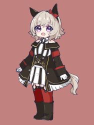 Rule 34 | 1girl, :d, absurdres, animal ears, black footwear, black jacket, boots, bow, brown background, commentary request, curren chan (umamusume), dress, ear bow, full body, gloves, grey hair, hair between eyes, highres, horse ears, horse girl, horse tail, jacket, long sleeves, looking at viewer, nozo (hitomiz), off-shoulder jacket, off shoulder, open mouth, purple eyes, red bow, red thighhighs, simple background, sleeves past wrists, smile, solo, standing, striped clothes, striped dress, tail, thighhighs, thighhighs under boots, umamusume, vertical-striped clothes, vertical-striped dress, white gloves