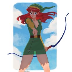 Rule 34 | 1girl, absurdres, arrow (projectile), blue eyes, bow (weapon), breasts, genderswap, genderswap (mtf), green hat, hat, highres, holding, holding bow (weapon), holding weapon, l4wless, link, link (shounen captain), long hair, nintendo, pink hair, pointy ears, red hair, see-through, see-through shirt, serious, solo, the legend of zelda, the legend of zelda (nes), tunic, weapon