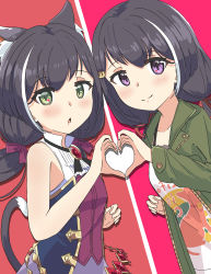 Rule 34 | 2girls, absurdres, animal ear fluff, animal ears, bare arms, black hair, blush, bow, cat ears, cat girl, cat hair ornament, cat tail, chestnut mouth, closed mouth, coat, commentary, green coat, green eyes, hair bow, hair ornament, heart, heart hands, heart hands duo, highres, karyl (princess connect!), karyl (real) (princess connect!), long hair, long sleeves, looking at viewer, melerdon, multicolored hair, multiple girls, open mouth, princess connect!, purple eyes, purple skirt, shirt, skirt, sleeveless, sleeveless shirt, smile, streaked hair, tail, white hair, white shirt