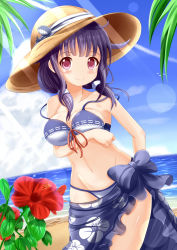 Rule 34 | 10s, 1girl, beach, bikini, blush, breast hold, breasts, coconut tree, day, flower, hair flaps, hair ornament, hat, highres, kantai collection, low twintails, outdoors, palm tree, purple hair, red eyes, sand, sarong, solo, sun hat, sunlight, swimsuit, taigei (kancolle), tree, twintails, water, whale hair ornament, xenon (for achieve)