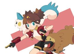 Rule 34 | 1girl, belt, belt buckle, bidoof, black gloves, black shorts, blunt bangs, brown belt, brown hair, buckle, clenched hand, closed mouth, commentary, creatures (company), cropped jacket, eyelashes, fingerless gloves, game freak, gen 4 pokemon, gloves, green eyes, highres, jacket, jiugong chi, kate (pokemon), looking to the side, nintendo, open clothes, open jacket, pachirisu, pokemon, pokemon (creature), pokemon ranger, pokemon ranger 2, red jacket, short hair, short twintails, shorts, smile, twintails, twitter username