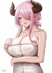 Rule 34 | 1girl, bare arms, bare shoulders, blue eyes, blush, breasts, brown horns, cleavage, collarbone, commentary request, draph, granblue fantasy, hair over one eye, highres, horns, large breasts, looking at viewer, naked towel, narmaya (granblue fantasy), one eye covered, open mouth, pink hair, pointy ears, selcky, sidelocks, simple background, solo, towel, upper body, white background, white towel