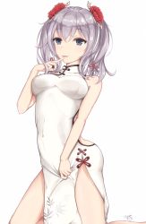 Rule 34 | 10s, 1girl, china dress, chinese clothes, dress, finger to mouth, flower, hair flower, hair ornament, hair ribbon, highres, kantai collection, kashima (kancolle), kneeling, looking at viewer, purple eyes, ribbon, side slit, silver hair, solo, takumin (takumi415), wavy hair