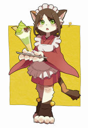 Rule 34 | 1girl, ?, animal ears, bad id, bad pixiv id, bell, body fur, brown hair, cat, cat ears, cat girl, cat tail, commentary request, digitigrade, furry, furry female, green eyes, holding, holding tray, long hair, maid headdress, open mouth, original, parfait, simple background, solo, standing, striped tail, tail, tray, white fur, yow