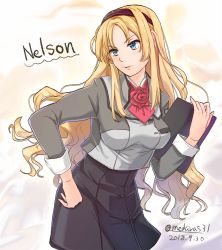 Rule 34 | 1girl, black hairband, black skirt, blonde hair, blue eyes, character name, clipboard, dated, flower, hairband, highres, kantai collection, long hair, long sleeves, looking to the side, medara, military, military uniform, nelson (kancolle), pencil skirt, red flower, red rose, remodel (kantai collection), rose, skirt, solo, twitter username, uniform, zoom layer