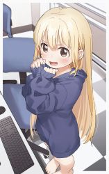 Rule 34 | 1girl, :d, absurdres, barefoot, blonde hair, blue hoodie, blush, brown eyes, chair, checkered floor, commentary request, copyright request, desk, futaba anzu, highres, hood, hood down, hoodie, indoors, keyboard (computer), long hair, long sleeves, looking at viewer, office chair, open mouth, puffy long sleeves, puffy sleeves, sleeves past wrists, smile, solo, standing, sweat, swivel chair, very long hair, yukie (kusaka shi)