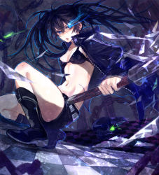Rule 34 | 10s, 1girl, bikini, bikini top only, black hair, black rock shooter, black rock shooter (character), blue eyes, boots, breasts, chain, checkered floor, cleavage, dutch angle, floor, glowing, glowing eye, glowing eyes, highres, jacket, long hair, navel, perspective, scar, shorts, skull, solo, soono (rlagpfl), squatting, star (symbol), stitches, swimsuit, twintails