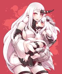 Rule 34 | 10s, 2girls, abyssal ship, breasts, dress, highres, kantai collection, large breasts, long hair, mi-eau, multiple girls, northern ocean princess, ribbed dress, seaport princess, short dress, simple background, very long hair