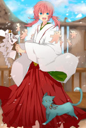 Rule 34 | 1boy, :d, animal, bell, blue eyes, blue sky, blurry, cat, cloud, day, depth of field, gohei, hakama, hakama skirt, inazuma eleven (series), inazuma eleven go, japanese clothes, jingle bell, kimono, kirino ranmaru, long hair, looking at viewer, male focus, miko, oonusa, open mouth, outdoors, paper doll, pink hair, red hakama, red skirt, shikigami, shirota69, skirt, sky, smile, solo, trap, twintails, whiskers