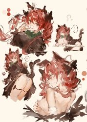 Rule 34 | ..., 1girl, animal ears, ass, breasts, cat ears, cat girl, covering breasts, covering privates, extra ears, hair intakes, highres, kaenbyou rin, large breasts, leaning forward, legs, looking at viewer, multiple views, po (anhk5528), red eyes, red hair, simple background, spoken blush, spoken ellipsis, touhou