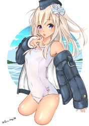 Rule 34 | 1girl, black hat, black jacket, blonde hair, blue eyes, character name, chestnut mouth, circle, collarbone, commentary request, covered navel, cowboy shot, cropped legs, garrison cap, hat, jacket, kantai collection, long hair, looking at viewer, nagi (shunsuke-manage), one-piece swimsuit, open clothes, open jacket, school swimsuit, solo, swimsuit, swimsuit under clothes, twitter username, u-511 (kancolle), white background, white one-piece swimsuit, white school swimsuit