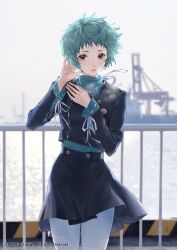 Rule 34 | 1girl, absurdres, black jacket, black skirt, blue hair, blue shirt, blurry, blurry background, breath, bridge, brown eyes, commentary request, copyright name, cowboy shot, gekkoukan high school uniform, hand on own head, highres, jacket, kishida mel, long sleeves, looking at viewer, ocean, official art, outdoors, pantyhose, parted lips, persona, persona 3, persona 3 reload, pleated skirt, ribbon, ribbon-trimmed sleeves, ribbon trim, school uniform, second-party source, shirt, short hair, skirt, solo, turtleneck, water, white pantyhose, white ribbon, yamagishi fuuka