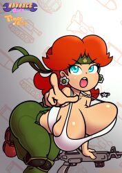 Rule 34 | 1girl, advance wars, blue eyes, breasts, brown hair, cleavage, cosplay, crossover, gun, headband, highres, holding, holding gun, holding weapon, large breasts, looking at viewer, mario (series), nintendo, open mouth, pointing, pointing at viewer, princess daisy, sami (advance wars), sami (advance wars) (cosplay), shiny skin, super mario land, tigerrider, tomboy, weapon
