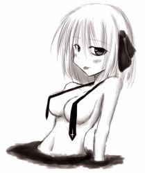 Rule 34 | 1girl, blush, breasts, collarbone, convenient censoring, cross, darkness, hair ribbon, inverted cross, iruru5666, looking at viewer, monochrome, naked necktie, navel, necktie, nude, aged up, reclining, ribbon, rumia, seductive smile, short hair, smile, solo, tongue, tongue out, touhou, upper body