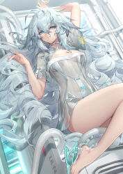 Rule 34 | 1girl, absurdres, arm up, bare legs, bare shoulders, barefoot, blue eyes, breasts, dress, feet, feet out of frame, girls&#039; frontline, girls&#039; frontline neural cloud, grey hair, hair between eyes, high heels, highres, large breasts, long hair, looking at viewer, machinery, messy hair, official art, pa-15 (girls&#039; frontline), parted lips, see-through, shanyao jiang tororo, slingshot swimsuit, solo, swimsuit, swimsuit under clothes, thighs, very long hair, white background, white dress, white footwear