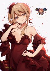 1girl absurdres blonde_hair breasts brown_eyes cleavage detached_sleeves dress earrings fairy_tail flower frilled_dress frills hair_between_eyes hair_flower hair_ornament hand_on_own_hip head_tilt highres jewelry large_breasts long_hair looking_at_viewer lucy_heartfilia natsu_dragneel ooya_(july_26) red_dress red_flower red_sleeves sideboob sidelocks sleeveless sleeveless_dress smile solo spaghetti_strap standing twitter_username white_background