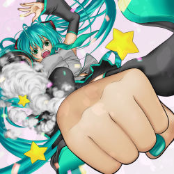 Rule 34 | 1girl, android, aqua eyes, aqua hair, bare shoulders, boots, clenched hand, detached sleeves, fenrir (fenlil0316), hatsune miku, highres, long hair, nail polish, necktie, rocket punch, skirt, solo, thigh boots, thighhighs, twintails, very long hair, vocaloid