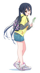 Rule 34 | 1girl, backpack, bag, black hair, blue shorts, blush, brown eyes, commentary request, denim, denim shorts, dresstrip, full body, grey shirt, hair between eyes, highres, jacket, k-on!, layered sleeves, long hair, long sleeves, looking at viewer, nakano azusa, open mouth, shirt, shoes, short over long sleeves, short sleeves, shorts, simple background, smile, sneakers, solo, thighs, twintails, walking, white background, white footwear, yellow jacket