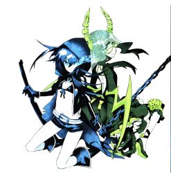 Rule 34 | 10s, 2girls, back-to-back, belt, bikini, bikini top only, black hair, black rock shooter, black rock shooter (character), blue eyes, boots, buckle, chain, claws, collarbone, dead master, dress, female focus, fire, fire, flat chest, full body, glasses, gloves, green eyes, high heels, highres, hood, hoodie, horns, long hair, looking at viewer, miwa shirow, multiple girls, navel, ribbon, sheath, sheathed, shoes, short shorts, shorts, star (symbol), swimsuit, sword, veil, weapon, white background, wings