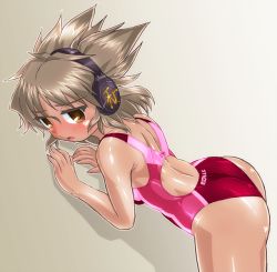 Rule 34 | 1girl, ass, brown eyes, brown hair, competition swimsuit, cowboy shot, earmuffs, from behind, from side, one-piece swimsuit, open mouth, pointy hair, red one-piece swimsuit, short hair, solo, standing, swimsuit, touhou, toyosatomimi no miko, winn