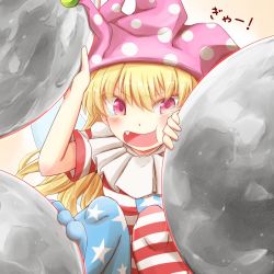 Rule 34 | 1girl, american flag dress, american flag legwear, blonde hair, blush, clownpiece, commentary request, fang, frilled shirt collar, frills, hat, jester cap, long hair, looking at viewer, open mouth, pantyhose, pink hair, polka dot, short sleeves, solo, star (symbol), star print, striped clothes, striped pantyhose, tamasan, tears, touhou