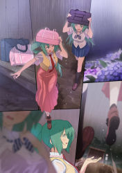 Rule 34 | 2girls, ;d, bag, black socks, blurry, blurry foreground, boots, bow, bowtie, bra, bra visible through clothes, brown footwear, film grain, floating hair, flower, green eyes, green hair, gulim, highres, higurashi no naku koro ni, holding, holding bag, hydrangea, improvised umbrella, index finger raised, kneehighs, loafers, long hair, multiple girls, one eye closed, open mouth, outdoors, outstretched arm, ponytail, rain, running, school bag, see-through, shirt, shoes, siblings, sisters, smile, socks, sonozaki mion, sonozaki shion, split screen, striped bow, striped bowtie, striped clothes, striped neckwear, twins, underwear, very long hair, walking, wavy mouth, wet, wet clothes, wet shirt