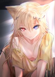 Rule 34 | 1girl, all fours, animal ears, arknights, bare shoulders, blue eyes, blush, breasts, cleavage, closed mouth, hair ornament, heterochromia, highres, kayjae, long hair, looking at viewer, nightmare (arknights), off shoulder, red eyes, shirt, small breasts, solo, very long hair, yellow shirt