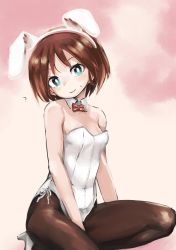 Rule 34 | 1girl, ?, absurdres, aomushi (mushamusha), black pantyhose, blue eyes, bow, bowtie, breasts, bright pupils, brown hair, closed mouth, collar, commentary, detached collar, girls und panzer, head tilt, high heels, highres, legs, leotard, looking at viewer, on one knee, pantyhose, playboy bunny, red bow, red bowtie, sakaguchi karina, short hair, side-tie leotard, small breasts, smile, solo, strapless, strapless leotard, sweatdrop, white collar, white footwear, white leotard, white pupils, wing collar