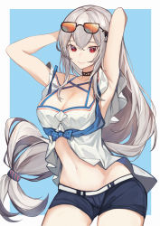 Rule 34 | 1girl, absurdres, arknights, armpits, arms up, bare shoulders, black choker, blue background, blue shorts, border, choker, cowboy shot, eyewear on head, fanshu, grey border, highres, huge filesize, long hair, looking at viewer, navel, no headwear, off-shoulder shirt, off shoulder, official alternate costume, outside border, red eyes, shirt, short shorts, short sleeves, shorts, silver hair, skadi (arknights), skadi (waverider) (arknights), smile, solo, standing, stomach, sunglasses, very long hair, white shirt