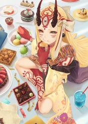 Rule 34 | 1girl, absurdres, black nails, blonde hair, bowl, cake, candy, chocolate, cookie, cup, drinking glass, drinking straw, eating, facial mark, fate/grand order, fate (series), fingernails, food, forehead mark, from above, fruit, highres, holding, holding food, horns, ibaraki douji (fate), japanese clothes, kimono, long fingernails, long toenails, lotus position, mugetsu2501, nail polish, oni, oni horns, plate, pointy ears, sharp fingernails, sharp toenails, sitting, solo, sweets, tattoo, toenails, yellow eyes, yellow kimono