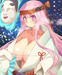 Rule 34 | 1girl, alternate costume, blush, breasts, cleavage, closed mouth, collarbone, folding fan, hand fan, hata no kokoro, heavy breathing, highres, huge breasts, japanese clothes, kimono, long hair, long sleeves, no bra, noh mask, pink eyes, pink hair, sidelocks, solo, sweat, touhou, umigarasu (kitsune1963), upper body, very long hair, wide sleeves