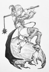 Rule 34 | 1girl, absurdres, blush, breasts, earrings, flail, from below, full body, greyscale, hands up, high heels, highres, holding, holding weapon, horns, jewelry, mashimashi, medium hair, monochrome, original, pointy ears, sidelocks, simple background, small breasts, solo, traditional media, weapon, white background
