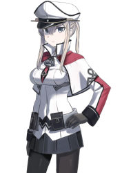 Rule 34 | 10s, 1girl, black gloves, black pantyhose, black skirt, blonde hair, blue eyes, capelet, celtic knot, cowboy shot, gloves, graf zeppelin (kancolle), hair between eyes, hand on own hip, kantai collection, long hair, long sleeves, miniskirt, pale skin, pantyhose, pleated skirt, popped collar, sidelocks, simple background, skirt, solo, twintails, wasabi60, white background